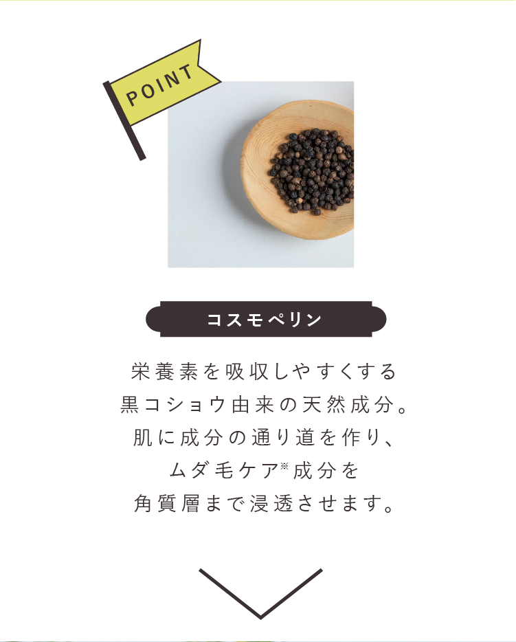 コスモぺリン 栄養素を吸収しやすくする黒コショウ由来の天然成分。肌に成分の通り道を作り、ムダ毛ケア成分を角質層まで浸透させます。
