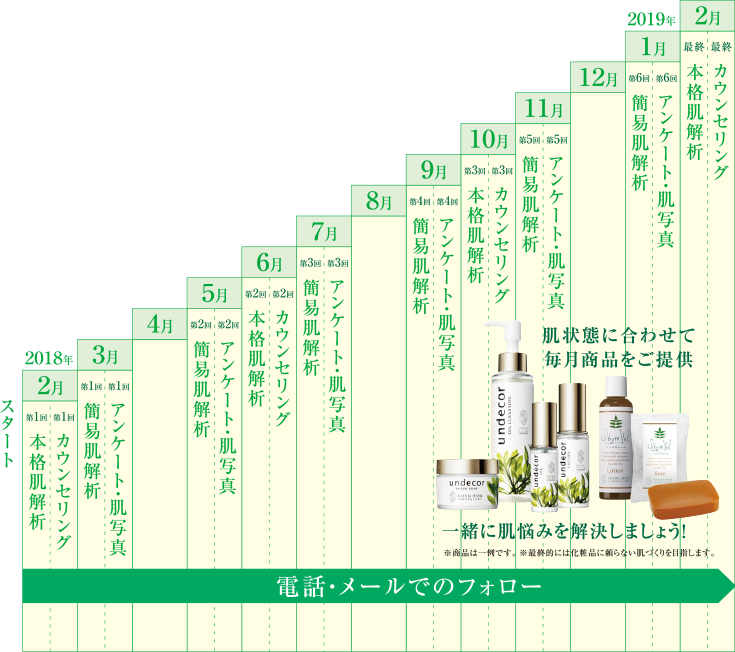 2018年2月から2019年2月までのプロジェクト期間中、数回に渡り肌解析・カウンセリング・アンケート・肌写真チェックを受けて頂きます。毎月肌状態に合わせて商品をご提供、肌悩みの解決を目指します。※最終的には化粧品に頼らない肌作りを目指します。